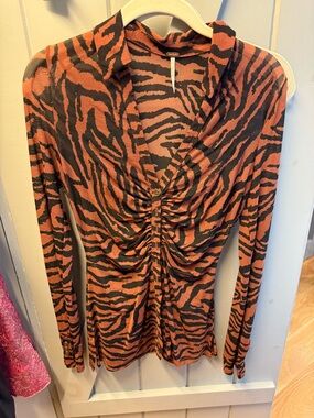 Free People Rust and Black Zebra Ruched Button-Front Top